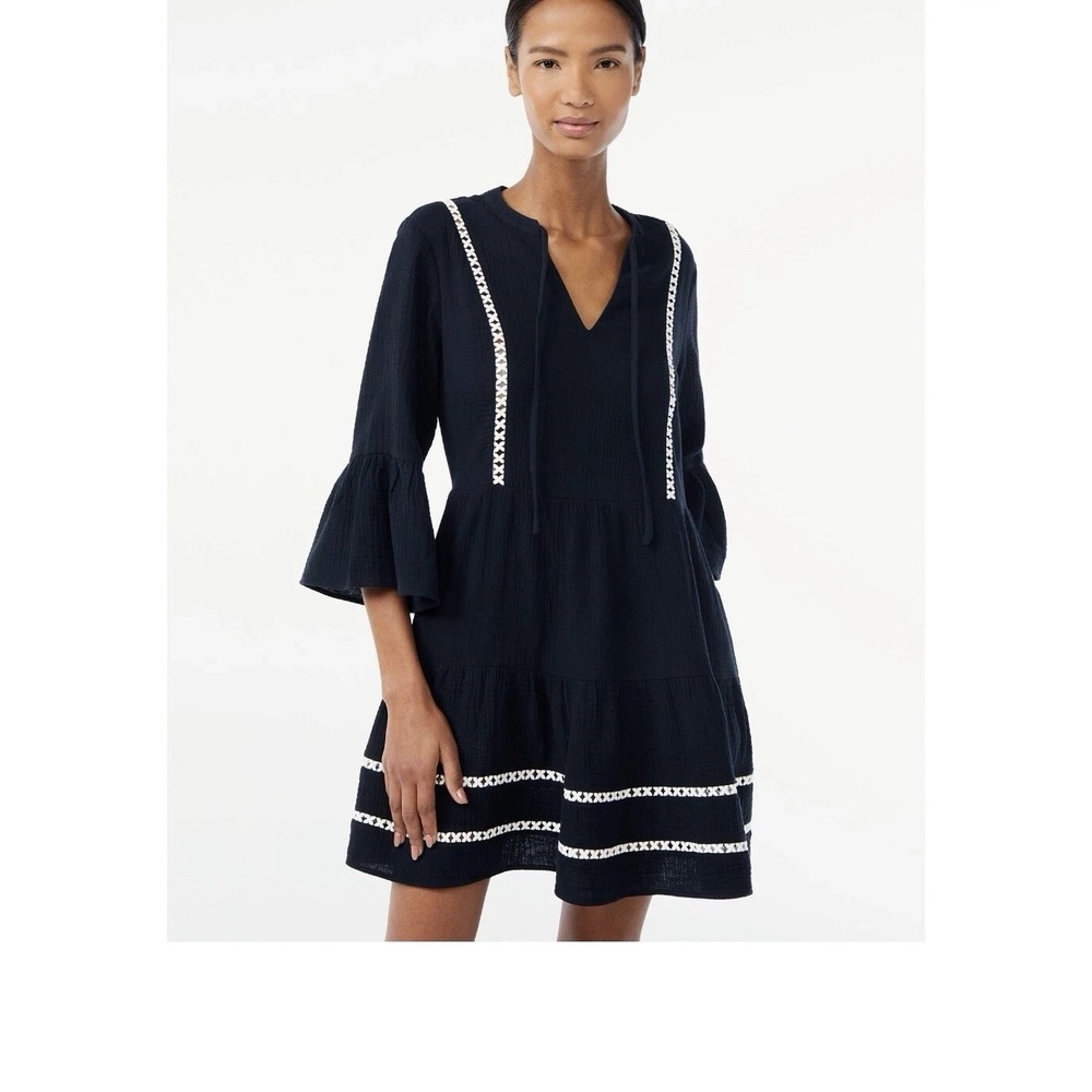 SCOOP Cotton Gauze Mini Dress S Black‎ Lace Trim Black Boho Peasant Resortwear